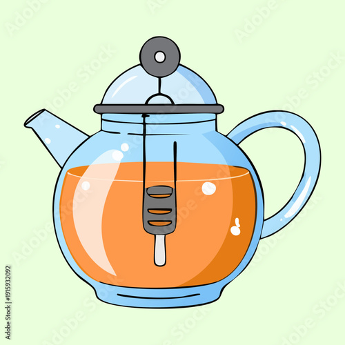 Glass teapot with orange tea and strainer for relaxing afternoon tea breaks and healthy drinks - Vector Illustration