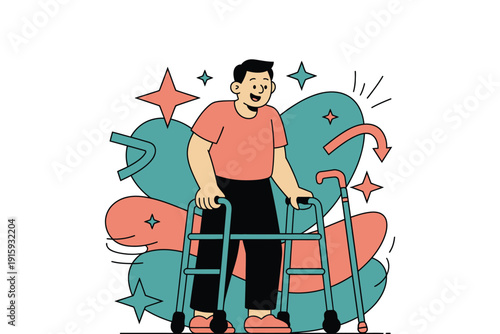 Walker helps a smiling elderly man with mobility and balance issues