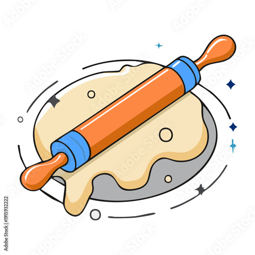 Wooden rolling pin flattening dough for making fresh pizza crust or homemade pie pastry - Vector Illustration