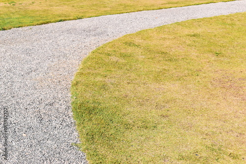 stone path and green grass in the garden