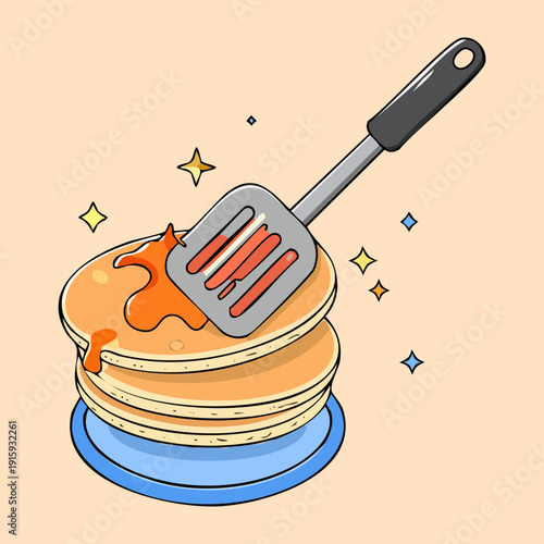 Stack of pancakes with syrup and spatula for a perfect and sweet morning breakfast - Vector Illustration