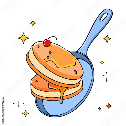Flipping delicious pancakes with spatula in a frying pan for tasty family breakfast mornings - Vector Illustration