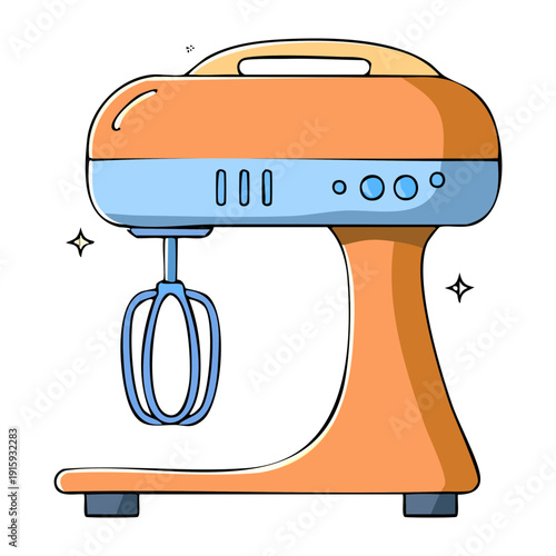 Orange kitchen stand mixer with double whisk attachments for whipping cream and making desserts - Vector Illustration