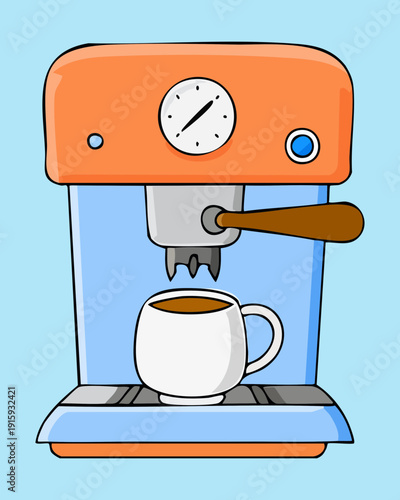 Blue professional espresso maker with a portafilter and a white cup of hot coffee - Vector Illustration