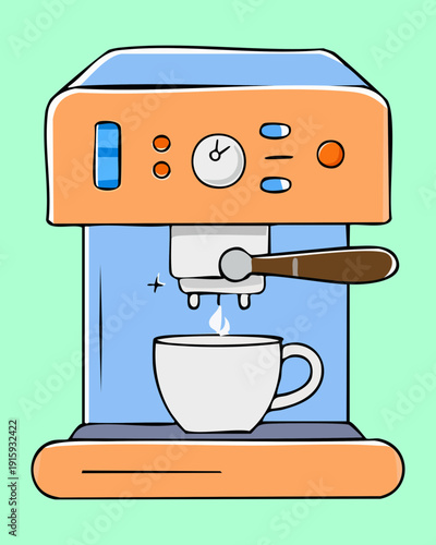 Modern espresso coffee machine in orange and blue colors for brewing a fresh cup - Vector Illustration