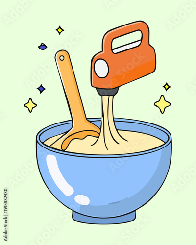Handheld electric mixer whisking a bowl of yellow batter for baking sweet sponge cake - Vector Illustration