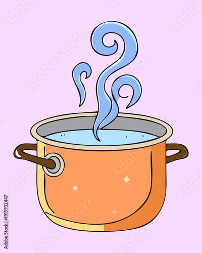 Cooking pot with steam rising from hot soup or boiling water on a stove - Vector Illustration