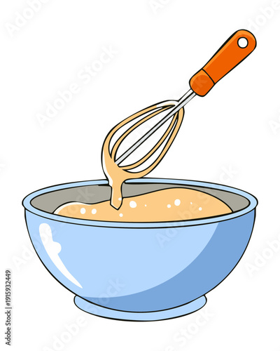 Wooden handle whisk stirring a light blue bowl of batter for making pancakes breakfast - Vector Illustration