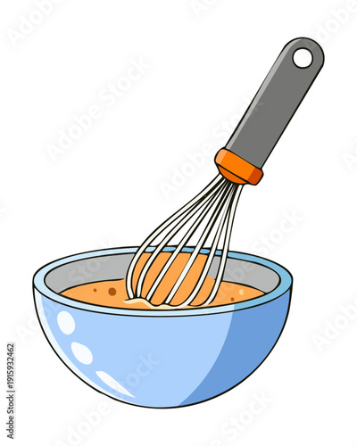 Metal whisk in a blue bowl for beating ingredients together for a light sponge - Vector Illustration