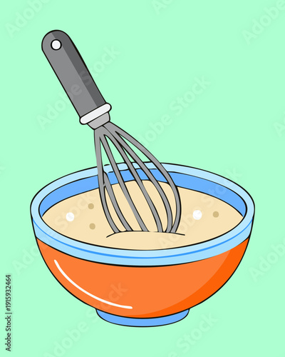 Hand whisking a mixture in an orange bowl for preparing a delicious omelet breakfast - Vector Illustration