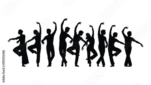 Silhouettes of dancers in various poses against a white background isolated on white background, Vector