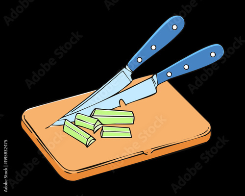 Two kitchen knives cutting green onions on a wooden board for food seasoning preparation - Vector Illustration