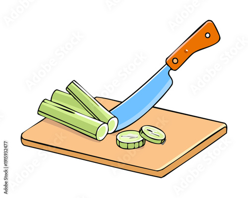 Blue handle knife slicing fresh cucumbers on a wooden chopping board for a salad - Vector Illustration