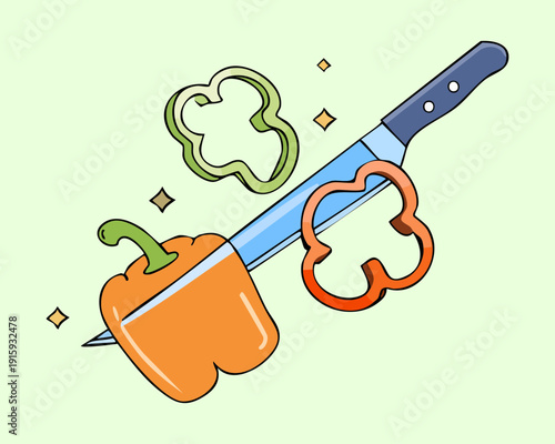 Sharp knife chopping green bell peppers on a wooden board for a healthy stir-fry - Vector Illustration