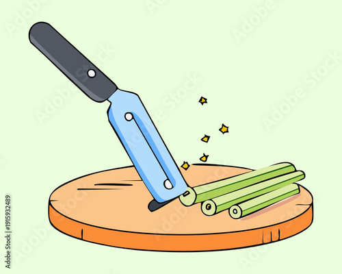 Small knife peeling a green vegetable on a round wooden board for healthy snacks - Vector Illustration