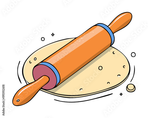 Wooden rolling pin flattening dough on a surface for making homemade pizza or pie - Vector Illustration