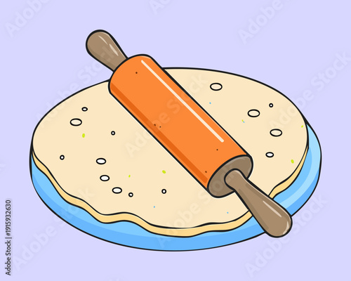 Flattening blue dough with a wooden rolling pin for a creative baking project - Vector Illustration