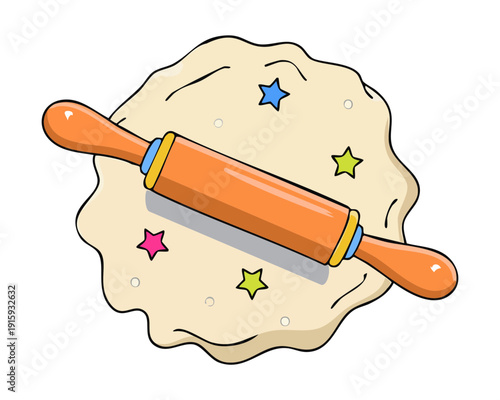 Wooden rolling pin with star patterns on dough for decorative holiday baking tasks - Vector Illustration