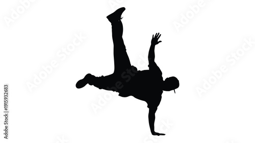 Silhouette of a person performing a dynamic breakdance move with arms outstretched isolated on white background, Vector