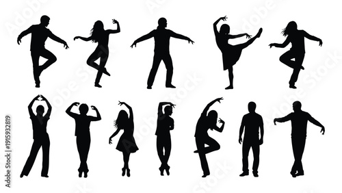 Silhouettes of people dancing in various styles and poses. isolated on white background, Vector