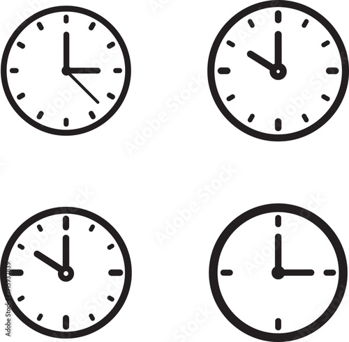 Four analog clocks showing different times in black