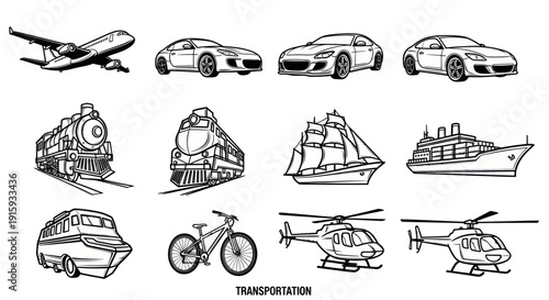 Black and white hand-drawn transportation icons set with airplane, car, train, ship, bicycle and helicopter for travel and logistics design