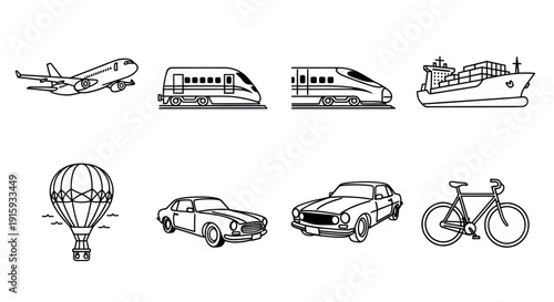 Black and white line icons of various transportation modes including airplane, trains, cargo ship, hot air balloon, cars, and bicycle for travel and transport design