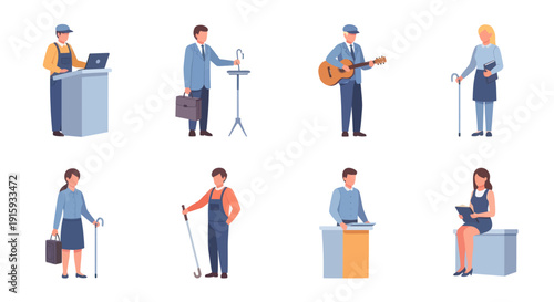 Business and worker people icons set showing diverse professions and activities including presentation, music, cleaning, and office work, vector illustration