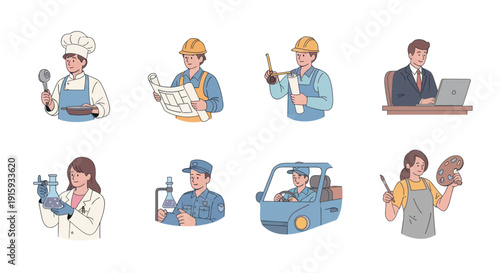 Diverse professional people icons set including chef, architect, engineer, office worker, scientist, police officer, driver, and painter for business and career concepts