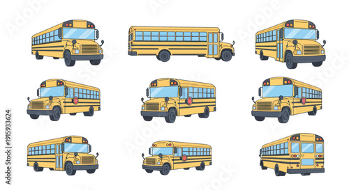 Cartoon yellow school bus set in various angles and views isolated on white background, perfect for education and transportation projects