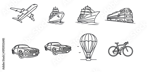 Hand-drawn transport icons including airplane, ships, train, classic car, hot air balloon, and bicycle, perfect for travel or transportation designs