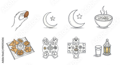 Hand holding date, crescent moon and star symbols, traditional Ramadan iftar food and family dining illustrations for Islamic fasting celebration and cultural meal concepts