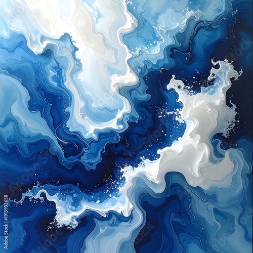 A swirling abstract depiction of ocean waves in shades of blue and white