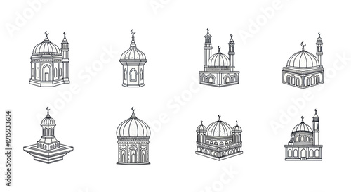 Hand-drawn Islamic mosque architecture icons set with domes and minarets, traditional Muslim religious buildings illustrations for design
