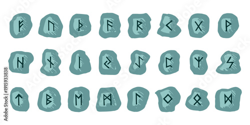 Set of hand drawn viking runes Rune stones with ancient norse alphabet characters engraved on them Scandinavian futhark germanic celtic Single element for design, print, web, decor