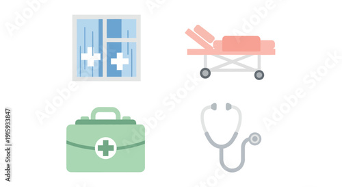 Medical icons set with hospital window, stretcher, first aid kit, and stethoscope, perfect for healthcare and medical designs