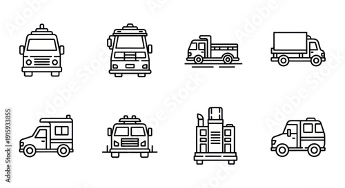 Outline icons of emergency and utility vehicles including fire truck, ambulance, camper van, and industrial truck, ideal for transport and safety projects