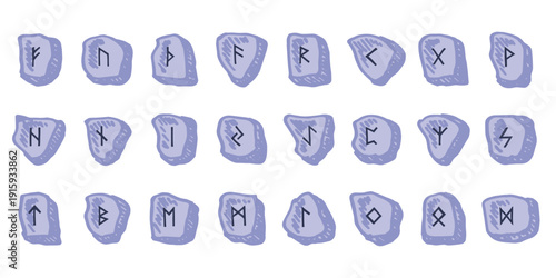 Set of hand drawn viking runes Rune stones with ancient norse alphabet characters engraved on them Scandinavian futhark germanic celtic Single element for design, print, web, decor
