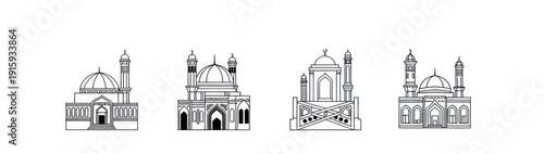Outline mosque icons set with different Islamic architecture styles and domes, perfect for religious and cultural design projects