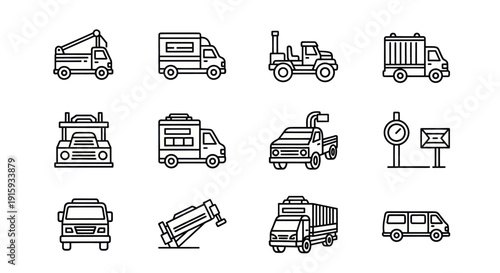 Set of 14 black and white line art vehicle and transportation icons including trucks, vans, trailer, and road signs for design and web use