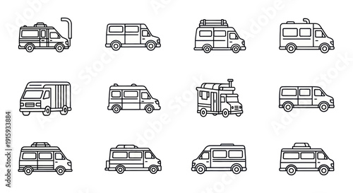 Set of 12 black and white camper van and motorhome line icons, travel and outdoor adventure vehicle symbols, perfect for travel or camping designs