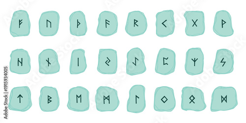 Set of hand drawn viking runes Rune stones with ancient norse alphabet characters engraved on them Scandinavian futhark germanic celtic Single element for design, print, web, decor