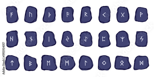 Set of hand drawn viking runes Rune stones with ancient norse alphabet characters engraved on them Scandinavian futhark germanic celtic Single element for design, print, web, decor