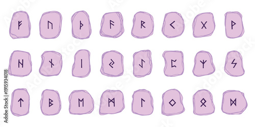 Set of hand drawn viking runes Rune stones with ancient norse alphabet characters engraved on them Scandinavian futhark germanic celtic Single element for design, print, web, decor