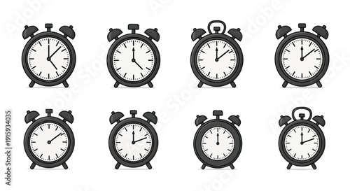Set of eight vintage style black alarm clocks showing different times on white background, perfect for time management and punctuality concepts