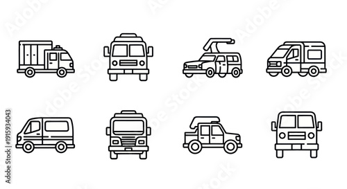 Set of hand drawn black linear cars and trucks icons in various views, perfect for transport and automotive design projects