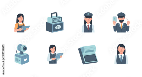 Set of flat icons with characters and equipment for security, surveillance, and inspection concepts, perfect for apps and websites
