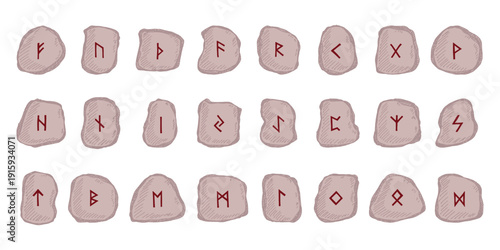 Set of hand drawn viking runes Rune stones with ancient norse alphabet characters engraved on them Scandinavian futhark germanic celtic Single element for design, print, web, decor