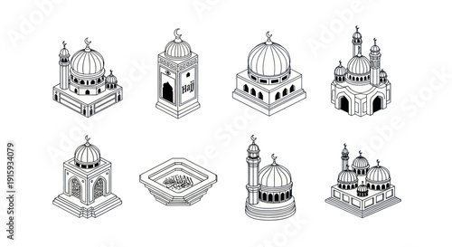 Set of Islamic mosque icons with domes and minarets, isometric vector line art illustrations for religious and cultural design