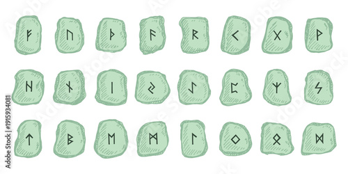 Set of hand drawn viking runes Rune stones with ancient norse alphabet characters engraved on them Scandinavian futhark germanic celtic Single element for design, print, web, decor